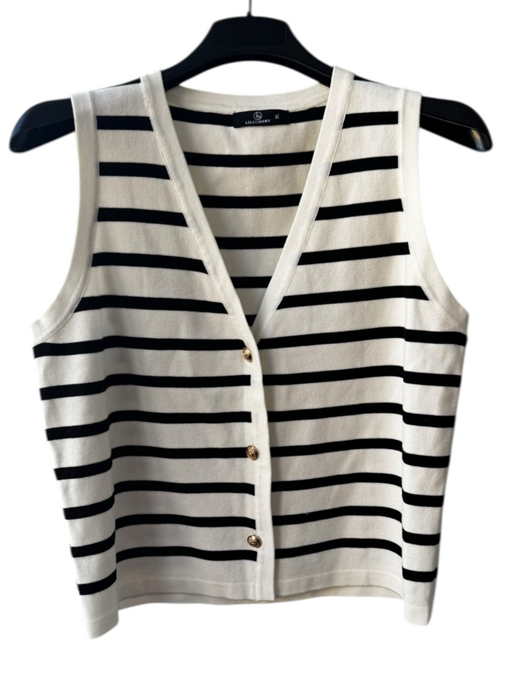 Striped Sweater Cardigan Sleeveless White Black Knit‎ Top Gold Buttons XL